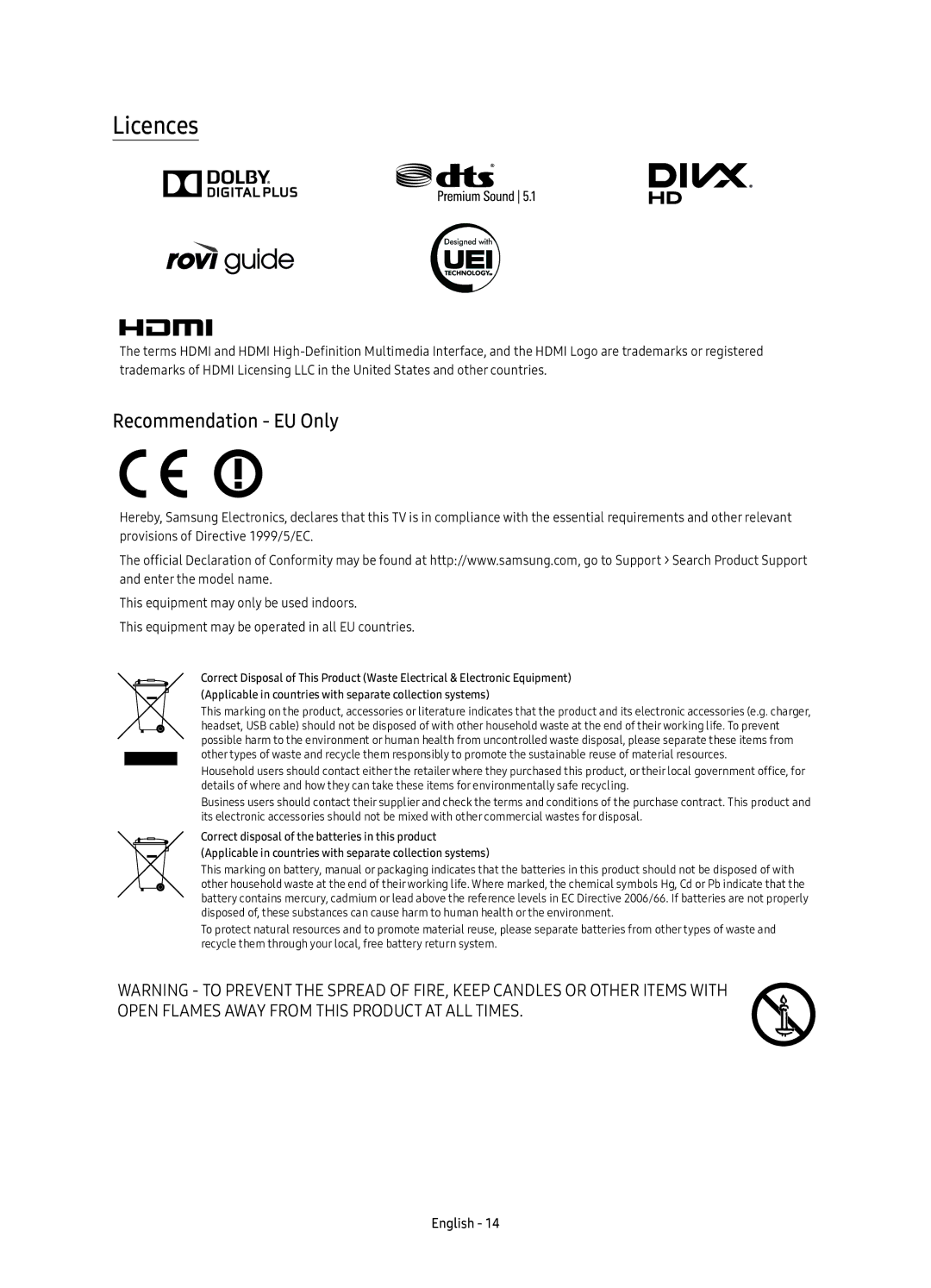 Samsung UE49KU6510UXRU, UE55KU6510UXRU, UE43KU6510UXRU manual Licences, Recommendation EU Only 