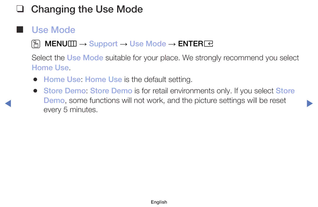 Samsung UE32M4000AKXXU, UE49M5000AKXZT manual Changing the Use Mode, OO MENUm → Support → Use Mode → Entere, Home Use 