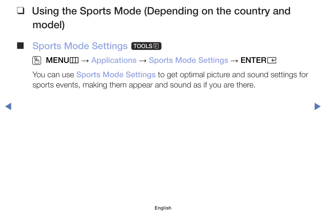 Samsung UE40M5000AUXSQ, UE49M5000AKXZT Using the Sports Mode Depending on the country and model, Sports Mode Settings t 