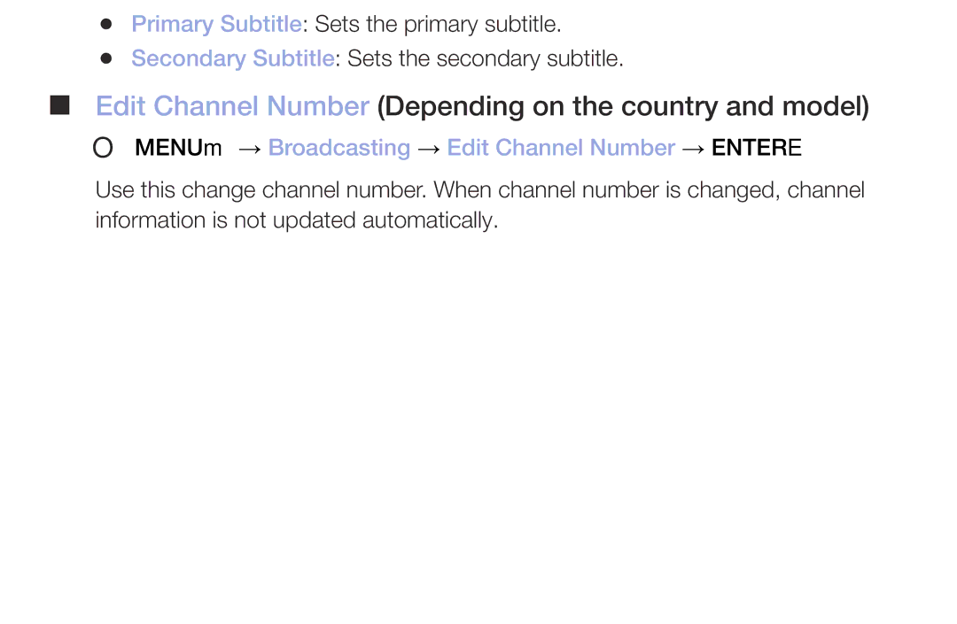 Samsung UE32M5000AKXRU, UE49M5000AKXZT, UE32M4000AKXZT manual Edit Channel Number Depending on the country and model 