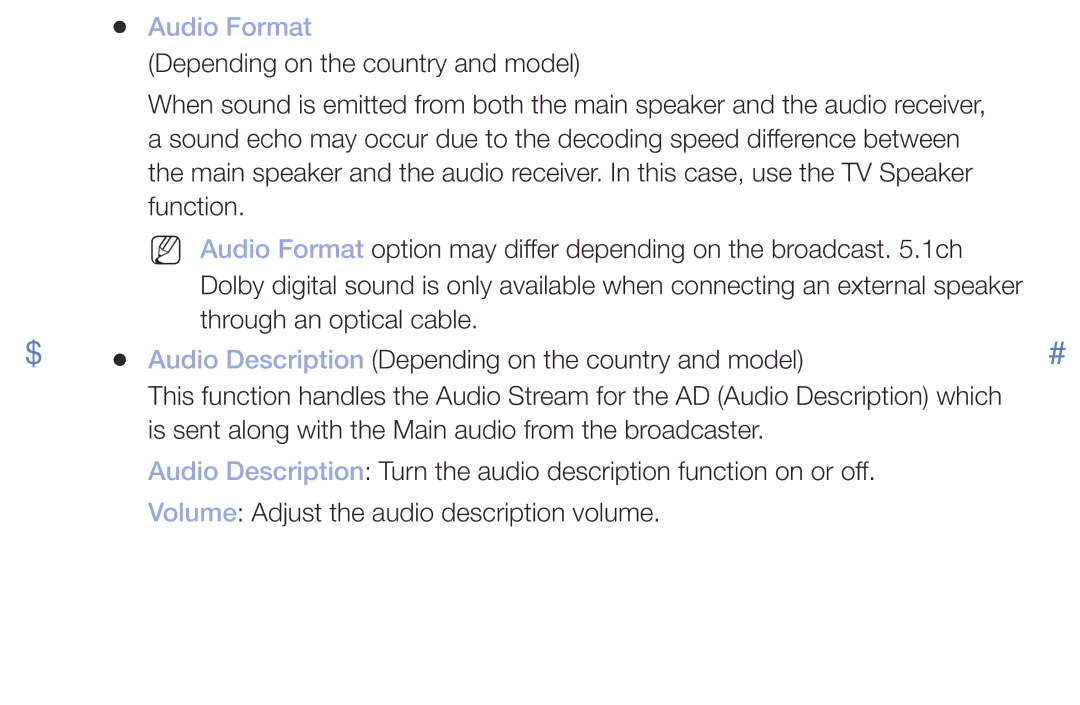 Samsung UE49M5500AUXRU, UE49M5000AKXZT, UE32M4000AKXZT, UE32M5000AKXZT, UE40M5000AKXZT, UE49M5000AUXSQ manual Audio Format 