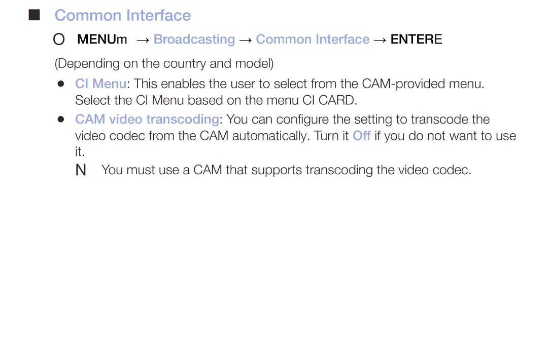 Samsung UE55M5550AUXRU, UE49M5000AKXZT, UE32M4000AKXZT manual OO MENUm → Broadcasting → Common Interface → Entere 