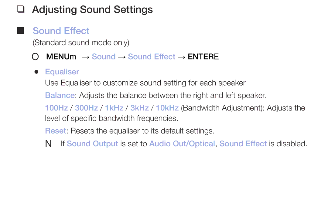 Samsung UE55M5510AUXRU, UE49M5000AKXZT Adjusting Sound Settings, OO MENUm → Sound → Sound Effect → Entere Equaliser 