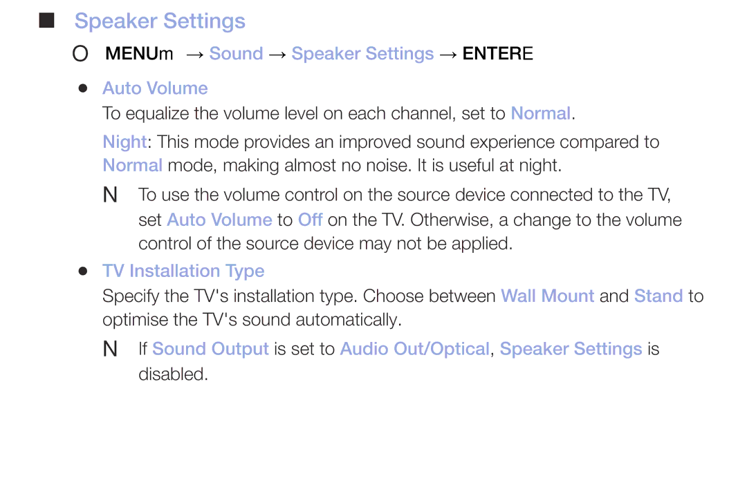 Samsung UE55M5550AUXRU, UE49M5000AKXZT OO MENUm → Sound → Speaker Settings → Entere Auto Volume, TV Installation Type 