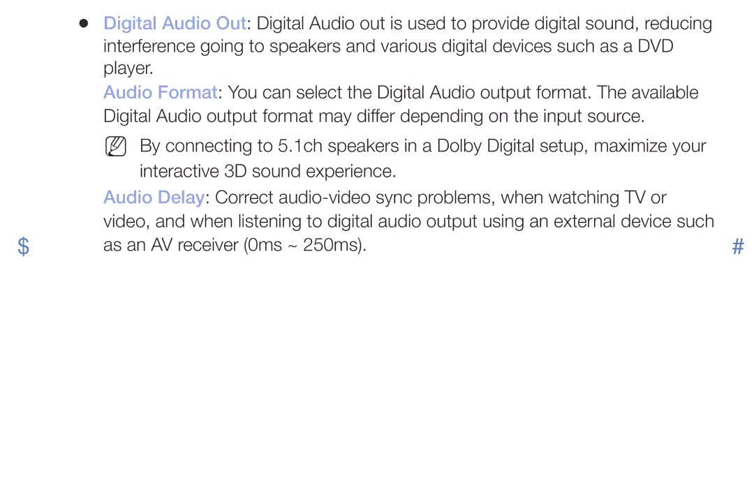 Samsung UE49M5510AUXRU, UE49M5000AKXZT, UE32M4000AKXZT, UE32M5000AKXZT, UE40M5000AKXZT manual As an AV receiver 0ms ~ 250ms 