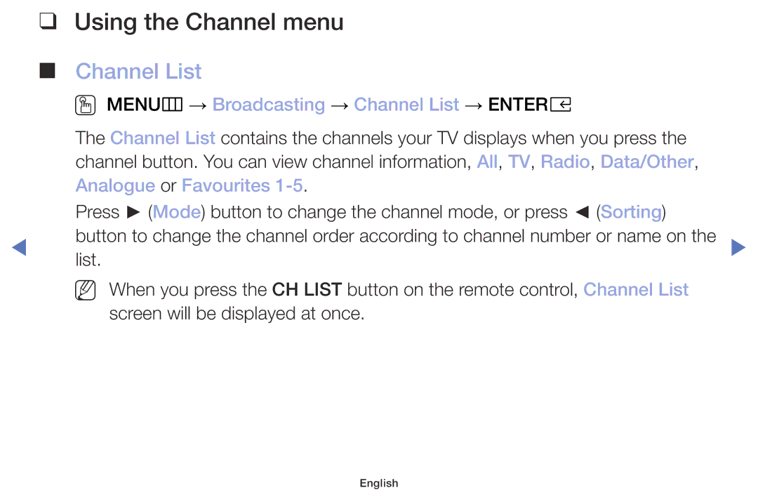 Samsung UE32M5000AKXXU, UE49M5000AKXZT manual Using the Channel menu, OO MENUm → Broadcasting → Channel List → Entere 