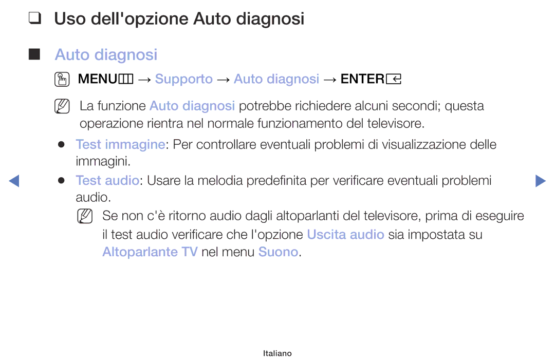 Samsung UE49M5000AKXZT, UE32M4000AKXZT manual Uso dellopzione Auto diagnosi, OO MENUm → Supporto → Auto diagnosi → Entere 