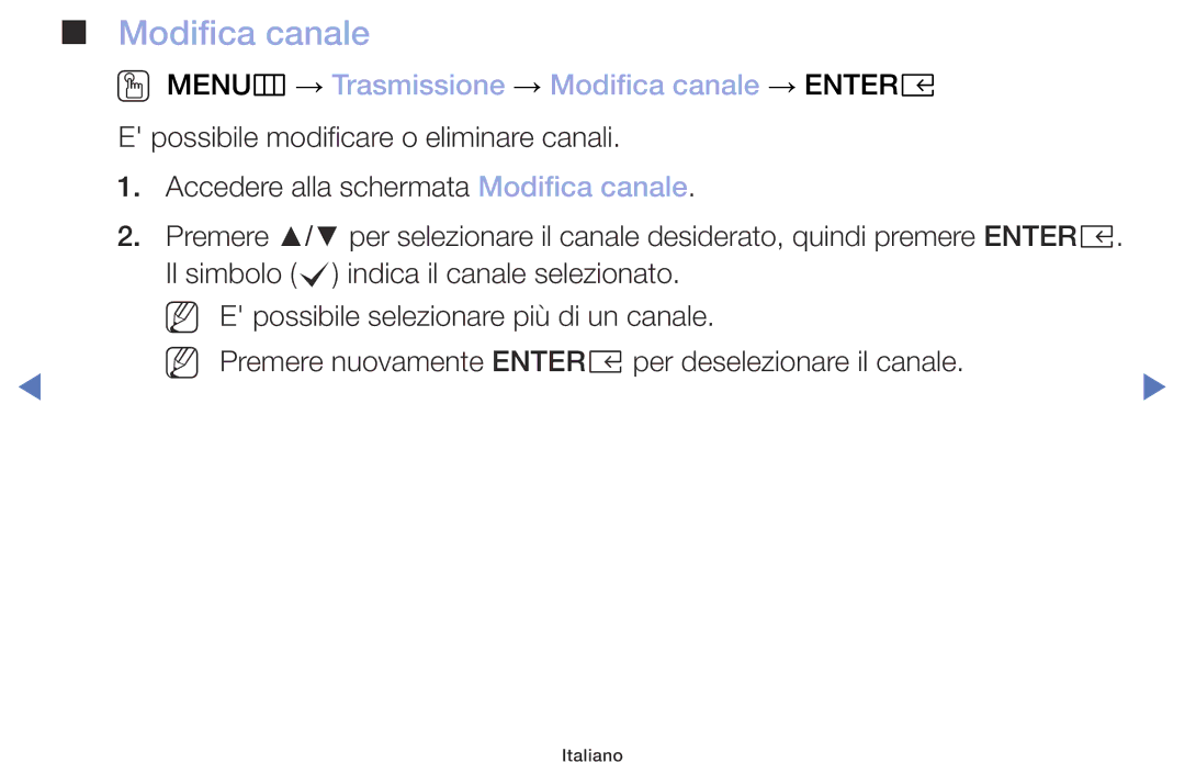 Samsung UE32M5000AKXZT, UE49M5000AKXZT, UE32M4000AKXZT manual OO MENUm → Trasmissione → Modifica canale → Entere 