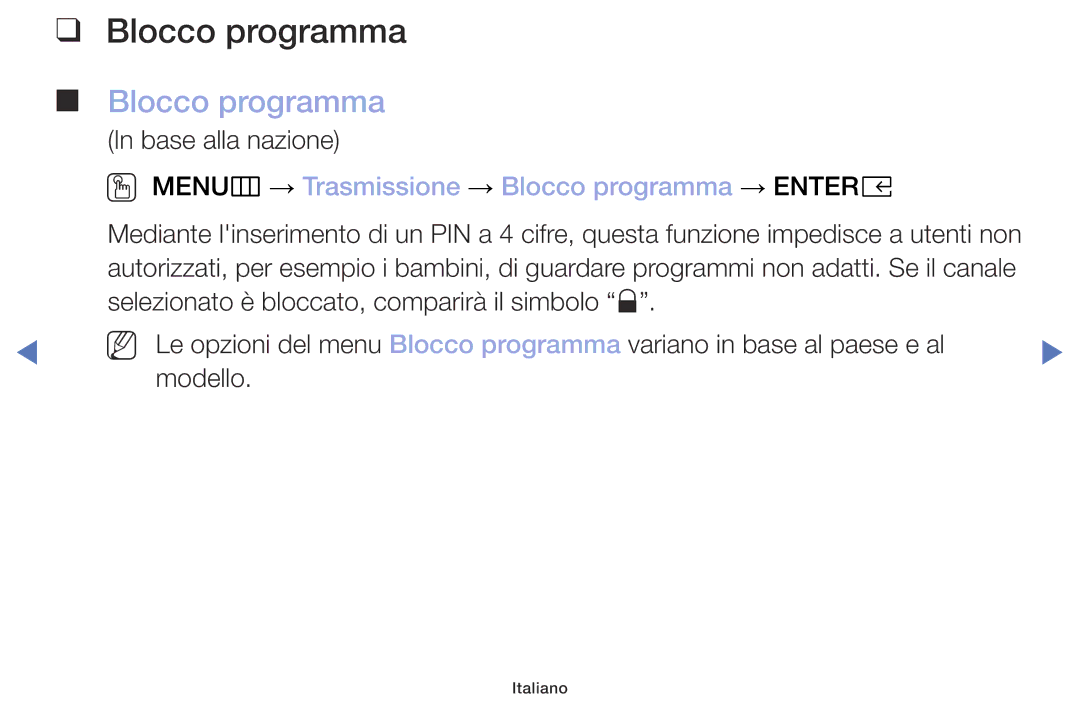 Samsung UE32M5000AKXZT, UE49M5000AKXZT, UE32M4000AKXZT manual OO MENUm → Trasmissione → Blocco programma → Entere 
