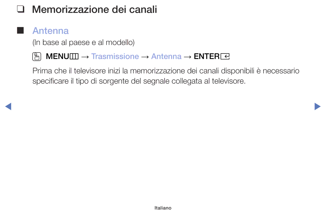 Samsung UE40M5000AKXZT, UE49M5000AKXZT manual Memorizzazione dei canali, OO MENUm → Trasmissione → Antenna → Entere 