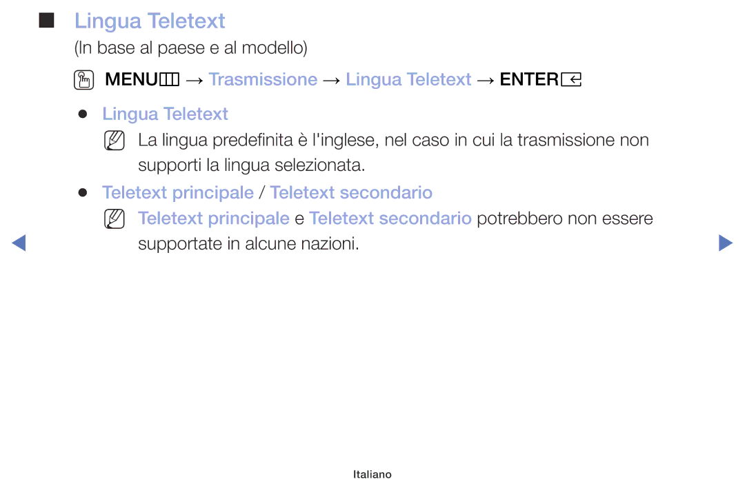 Samsung UE32M4000AKXZT, UE49M5000AKXZT, UE32M5000AKXZT manual OO MENUm → Trasmissione → Lingua Teletext → Entere 