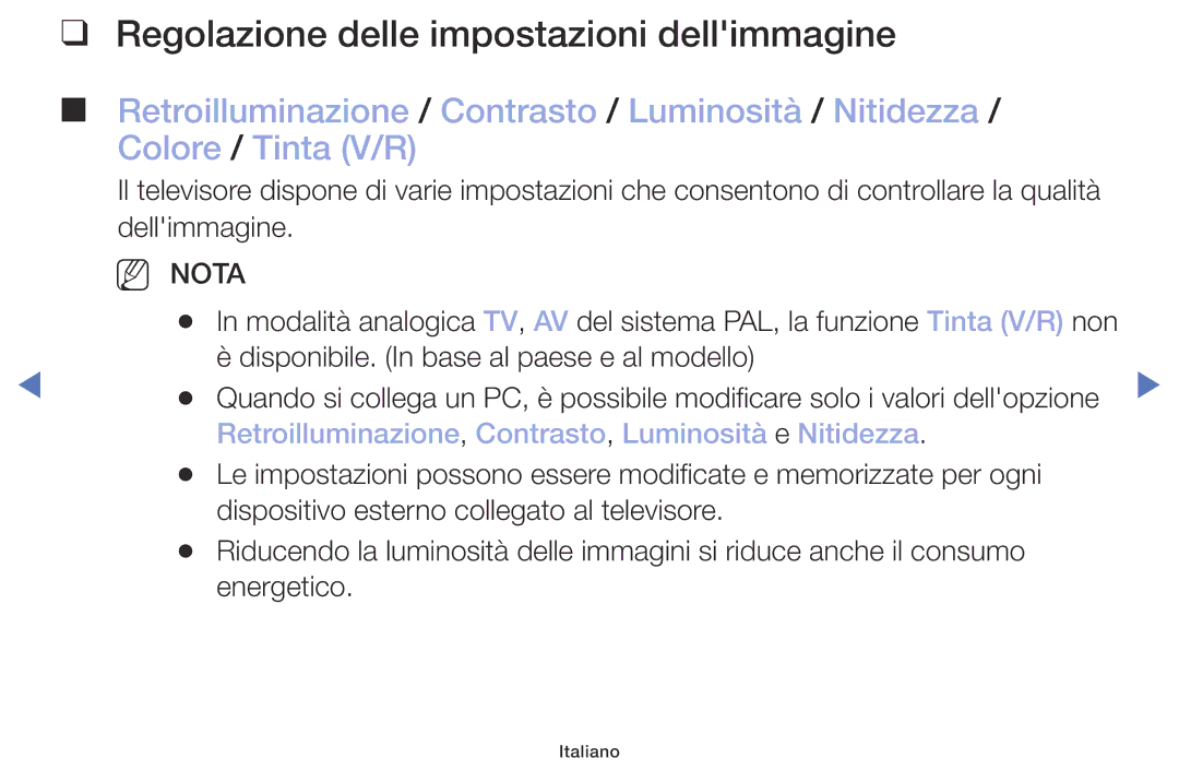 Samsung UE32M5000AKXZT Regolazione delle impostazioni dellimmagine, Retroilluminazione, Contrasto, Luminosità e Nitidezza 