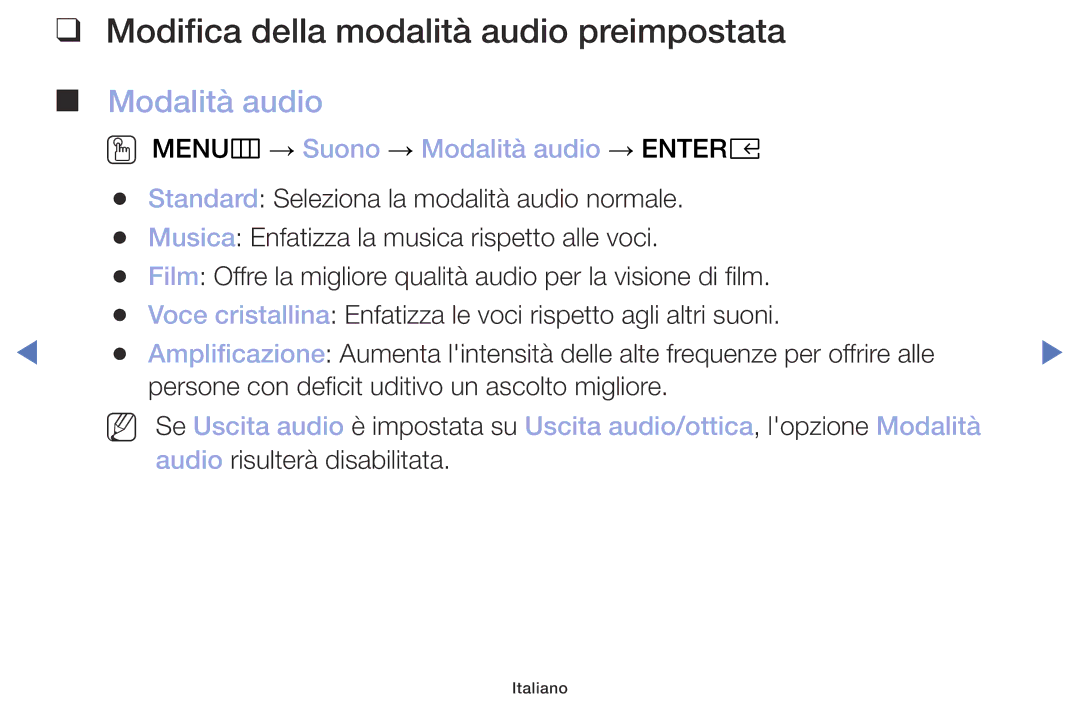 Samsung UE32M4000AKXZT, UE49M5000AKXZT, UE32M5000AKXZT manual Modifica della modalità audio preimpostata, Modalità audio 