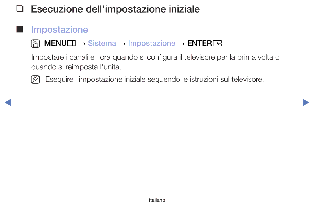 Samsung UE32M4000AKXZT manual Esecuzione dellimpostazione iniziale, OO MENUm → Sistema → Impostazione → Entere 