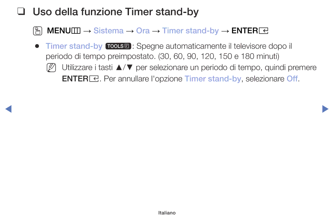 Samsung UE32M5000AKXZT manual Uso della funzione Timer stand-by, OO MENUm → Sistema → Ora → Timer stand-by → Entere 