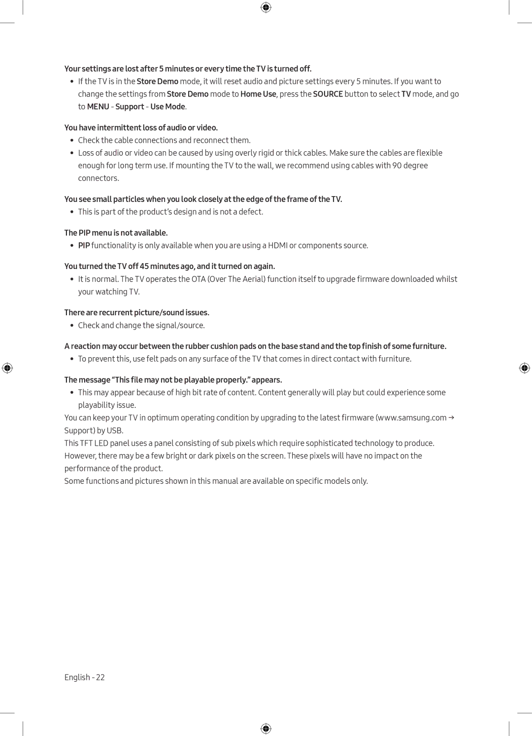 Samsung UE49M5000AKXXU, UE49M5000AKXZT manual You have intermittent loss of audio or video, PIP menu is not available 