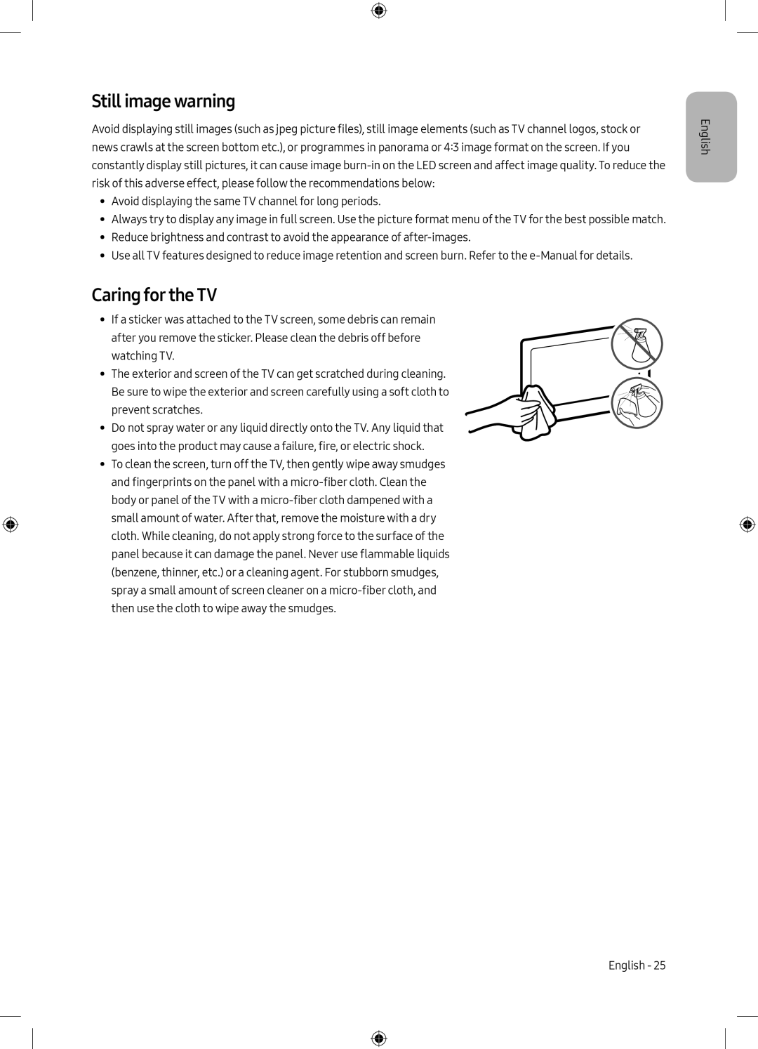 Samsung UE40M5000AKXZT, UE49M5000AKXZT, UE49M5000AKXXU, UE40M5000AKXXU manual Still image warning, Caring for the TV 