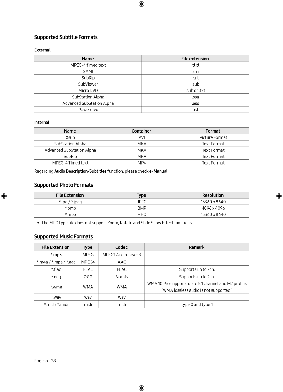 Samsung UE49M5000AKXZT, UE40M5000AKXZT manual Supported Subtitle Formats, Supported Photo Formats, Supported Music Formats 