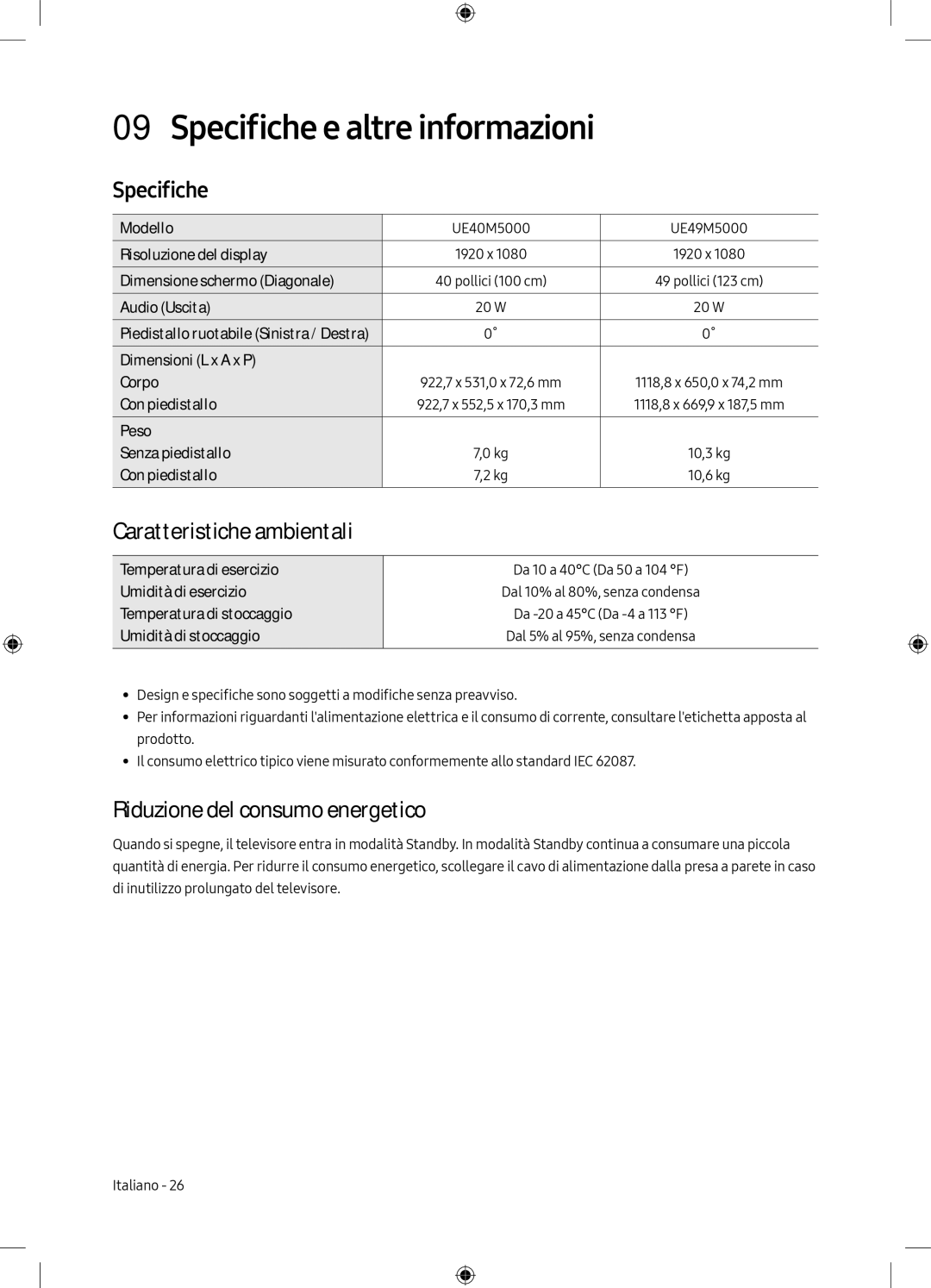 Samsung UE49M5000AKXZT manual Specifiche e altre informazioni, Caratteristiche ambientali, Riduzione del consumo energetico 