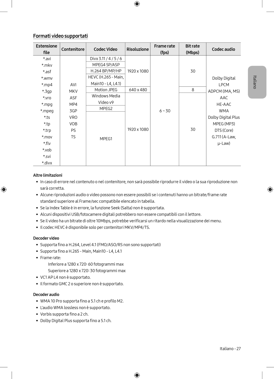 Samsung UE40M5000AKXZT Formati video supportati, Estensione Contenitore Codec Video, Frame rate Bit rate Codec audio File 