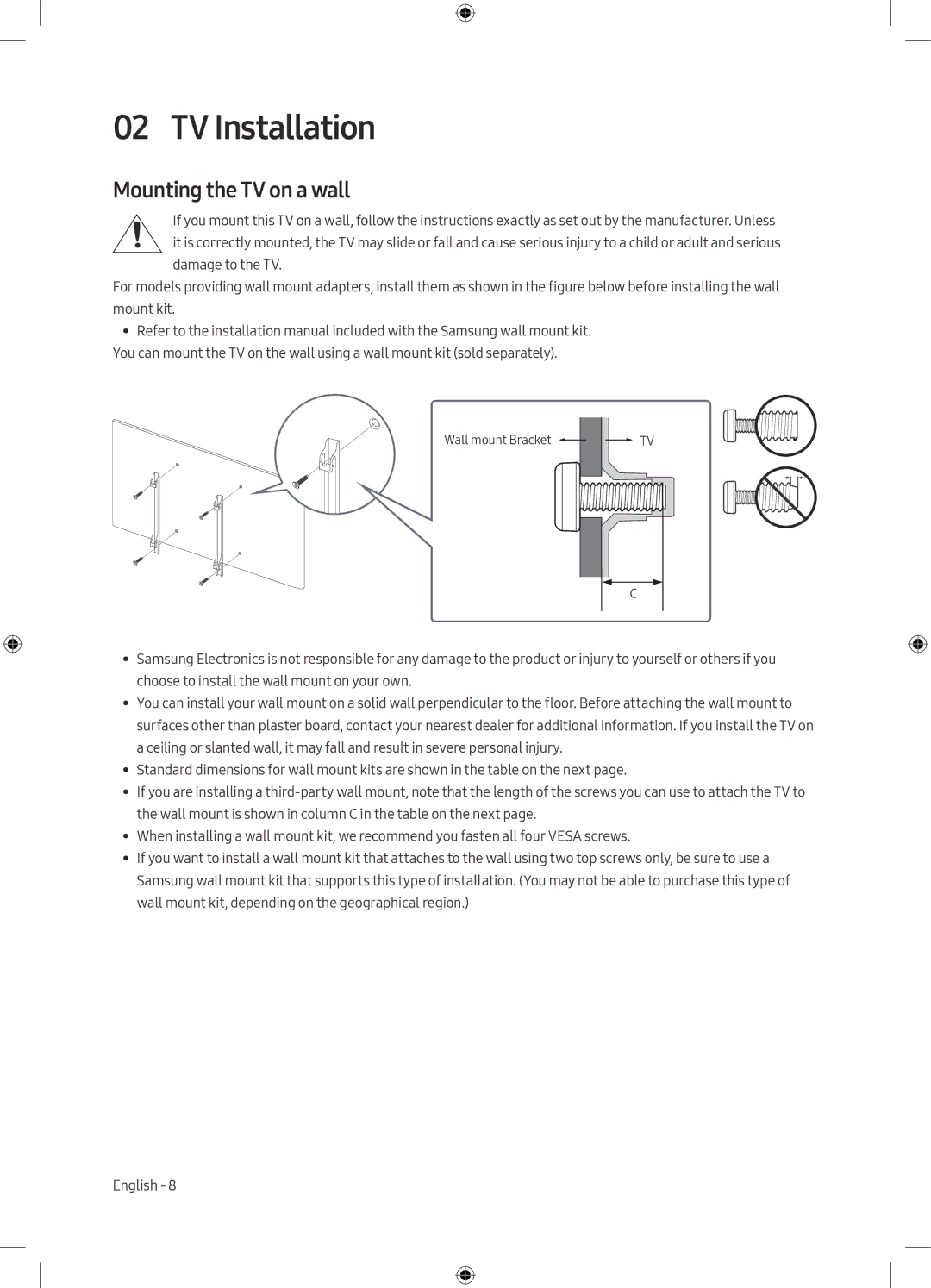 Samsung UE49M5000AKXZT, UE40M5000AKXZT, UE49M5000AKXXU, UE40M5000AKXXU manual TV Installation, Mounting the TV on a wall 