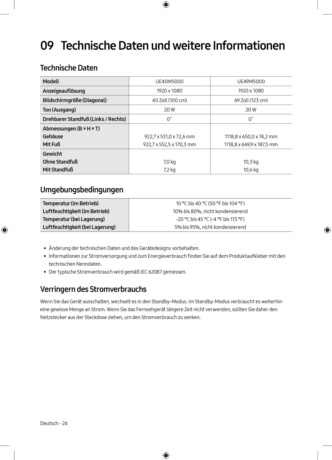 Samsung UE49M5000AKXZT Technische Daten und weitere Informationen, Umgebungsbedingungen, Verringern des Stromverbrauchs 