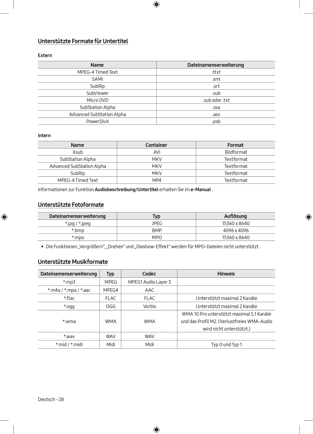 Samsung UE49M5000AKXXU manual Unterstützte Formate für Untertitel, Unterstützte Fotoformate, Unterstützte Musikformate 