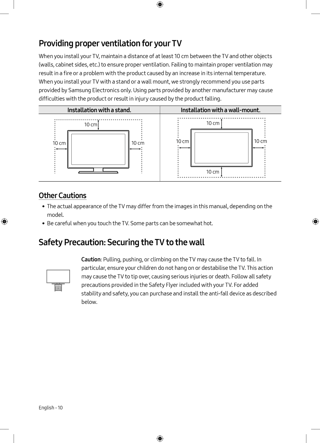 Samsung UE49M5000AKXXU manual Providing proper ventilation for your TV, Safety Precaution Securing the TV to the wall 