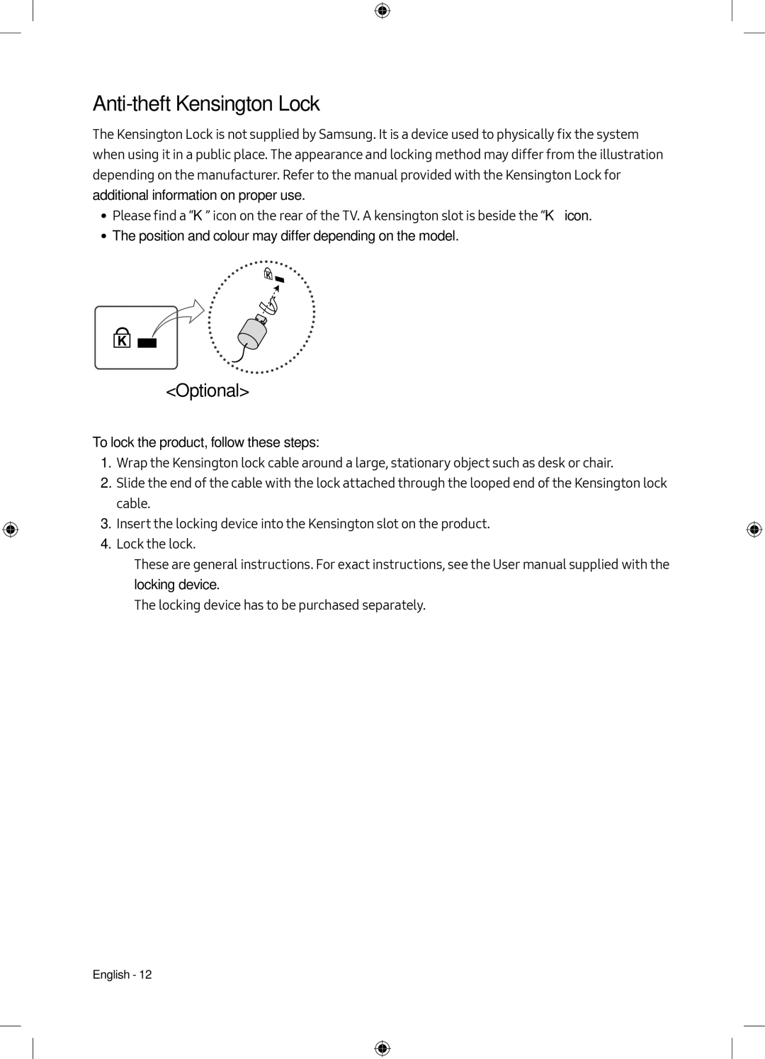 Samsung UE49M5000AKXZT, UE40M5000AKXZT, UE49M5000AKXXU, UE40M5000AKXXU manual Anti-theft Kensington Lock, Optional 