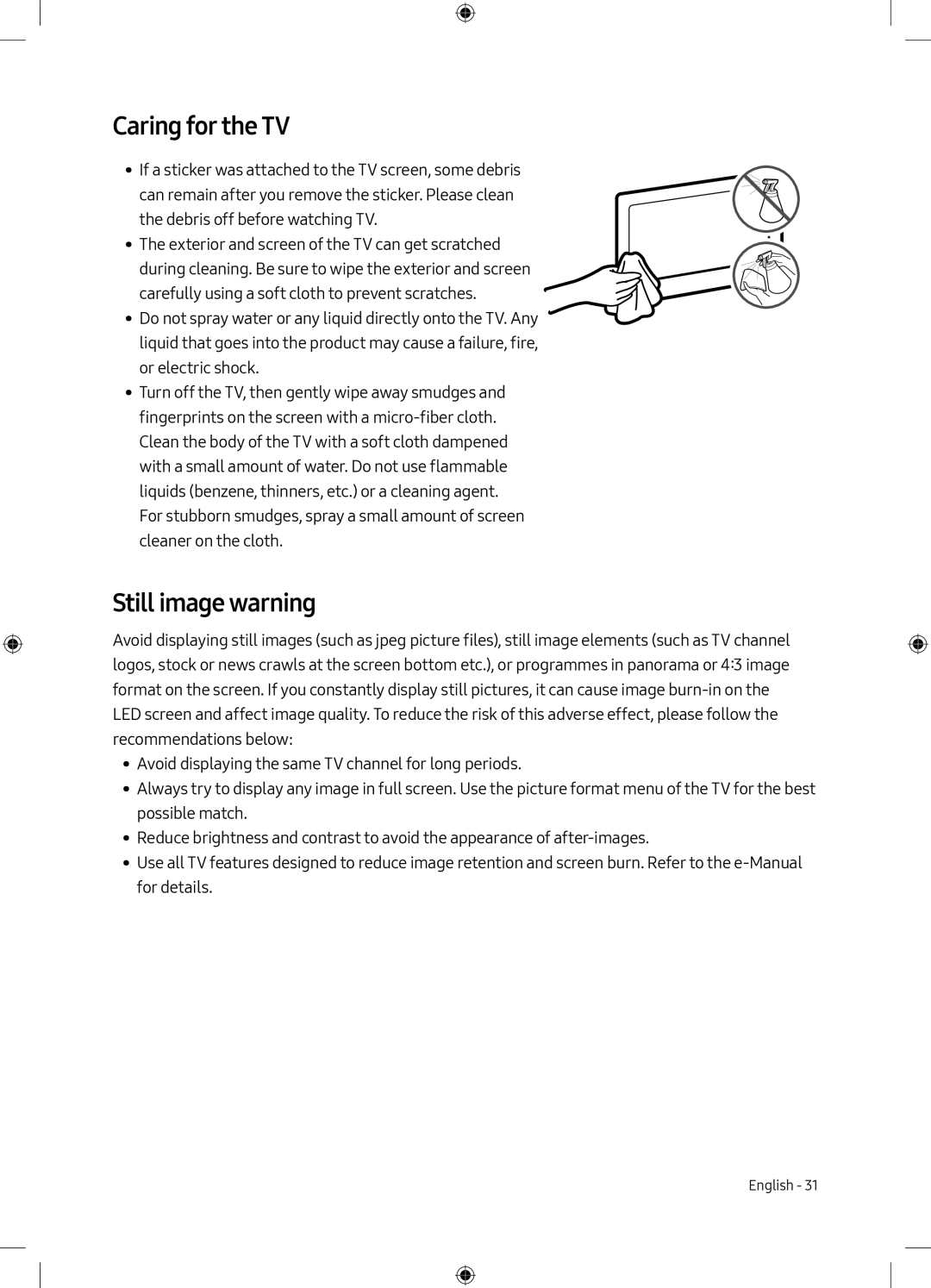 Samsung UE40M5000AKXXU, UE49M5000AKXZT, UE40M5000AKXZT, UE49M5000AKXXU manual Caring for the TV, Still image warning 