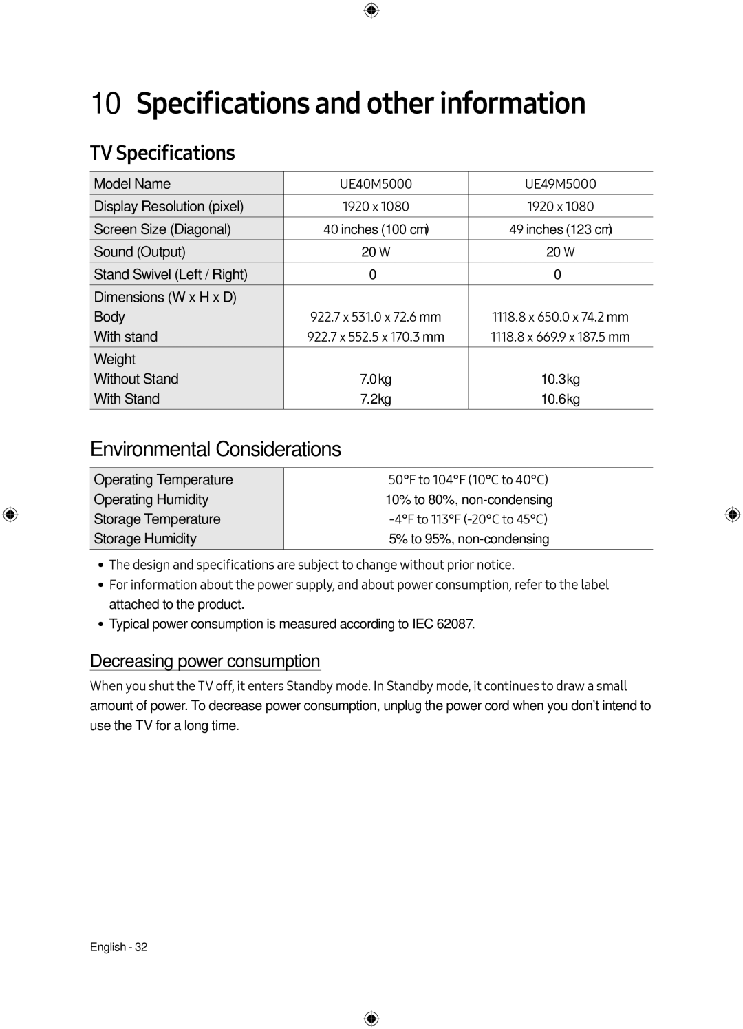 Samsung UE49M5000AKXZT manual Specifications and other information, TV Specifications, Environmental Considerations 