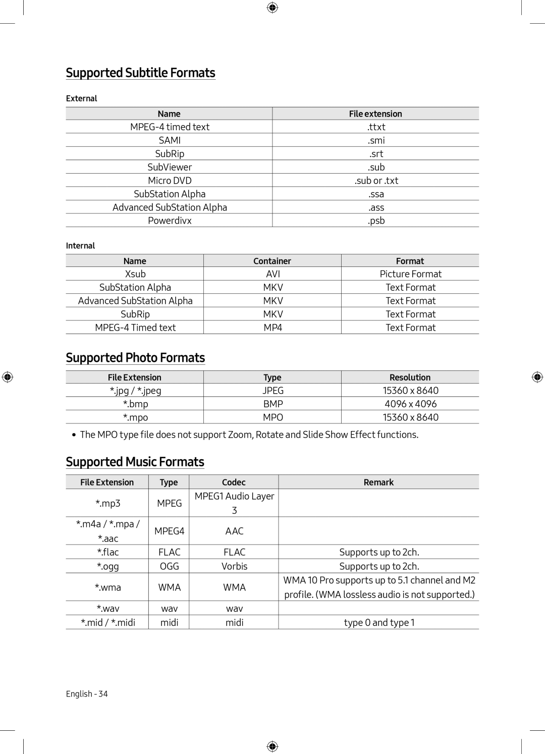 Samsung UE49M5000AKXXU, UE49M5000AKXZT manual Supported Subtitle Formats, Supported Photo Formats, Supported Music Formats 