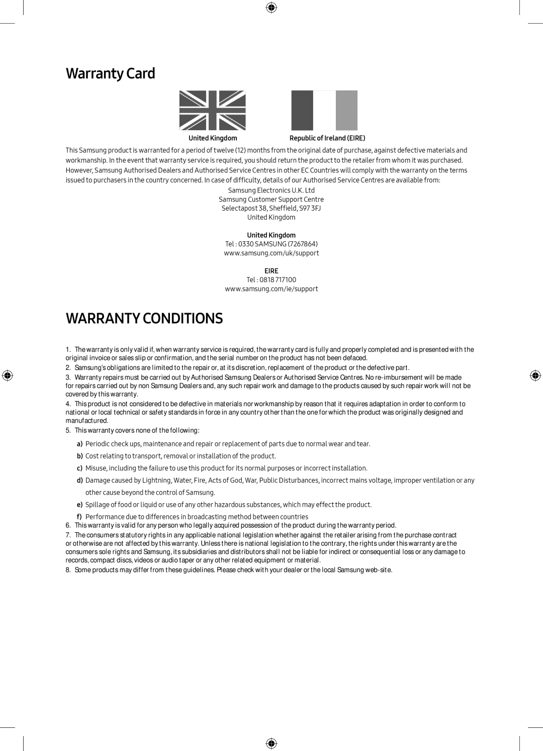 Samsung UE40M5000AKXXU, UE49M5000AKXZT, UE40M5000AKXZT, UE49M5000AKXXU manual Warranty Card, United Kingdom 