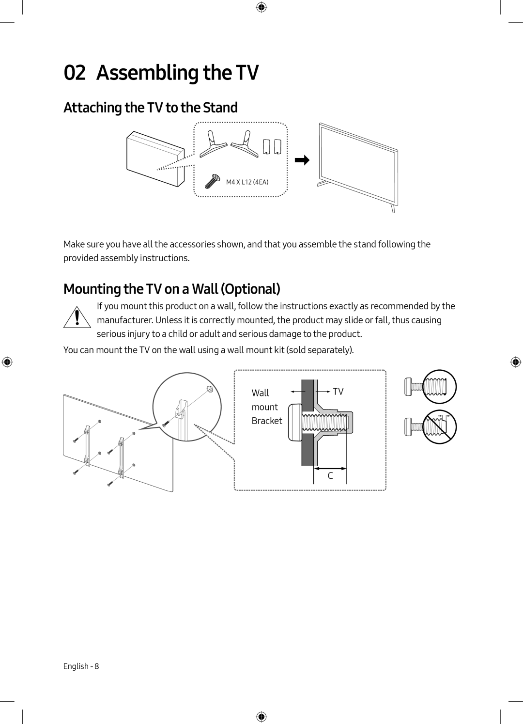 Samsung UE49M5000AKXZT manual Assembling the TV, Attaching the TV to the Stand, Mounting the TV on a Wall Optional 