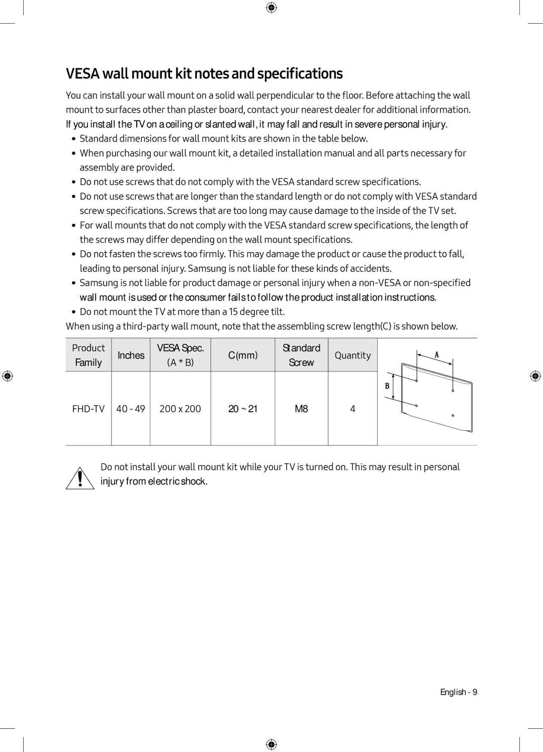 Samsung UE40M5000AKXZT, UE49M5000AKXZT, UE49M5000AKXXU, UE40M5000AKXXU manual Vesa wall mount kit notes and specifications 