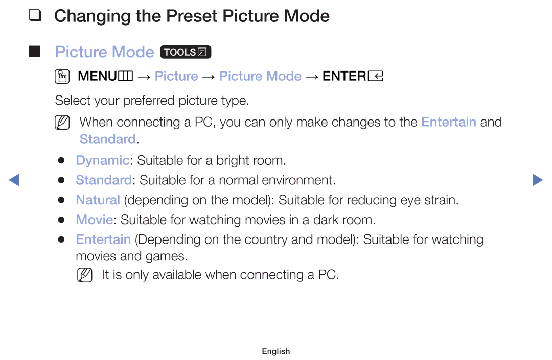 Samsung UE40M5000AUXSQ manual Changing the Preset Picture Mode, Picture Mode t, OO MENUm → Picture → Picture Mode → Entere 