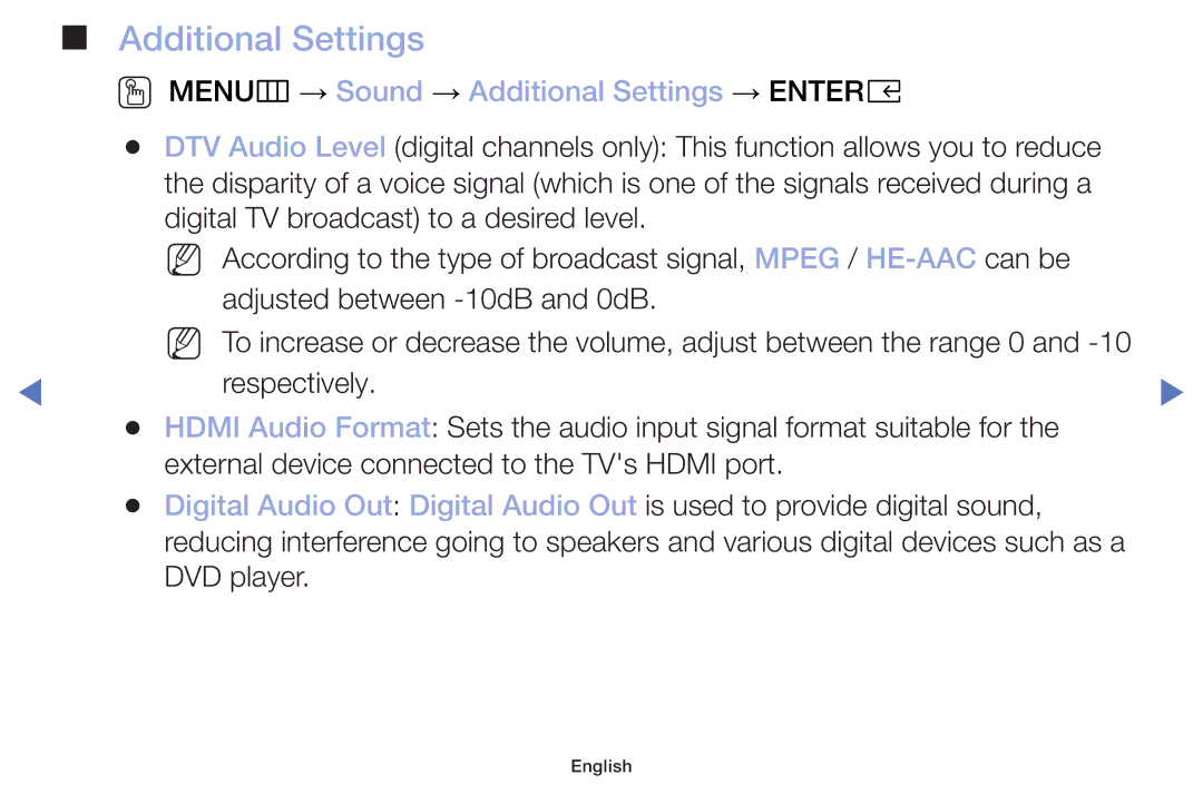 Samsung UE49M5000AUXSQ, UE40M5000AUXSQ, UA32J4003DWXSQ manual OO MENUm → Sound → Additional Settings → Entere 