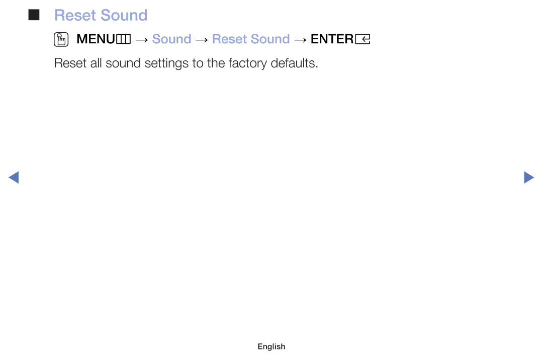 Samsung UA32J4003DWXSQ, UE49M5000AUXSQ, UE40M5000AUXSQ manual OO MENUm → Sound → Reset Sound → Entere 