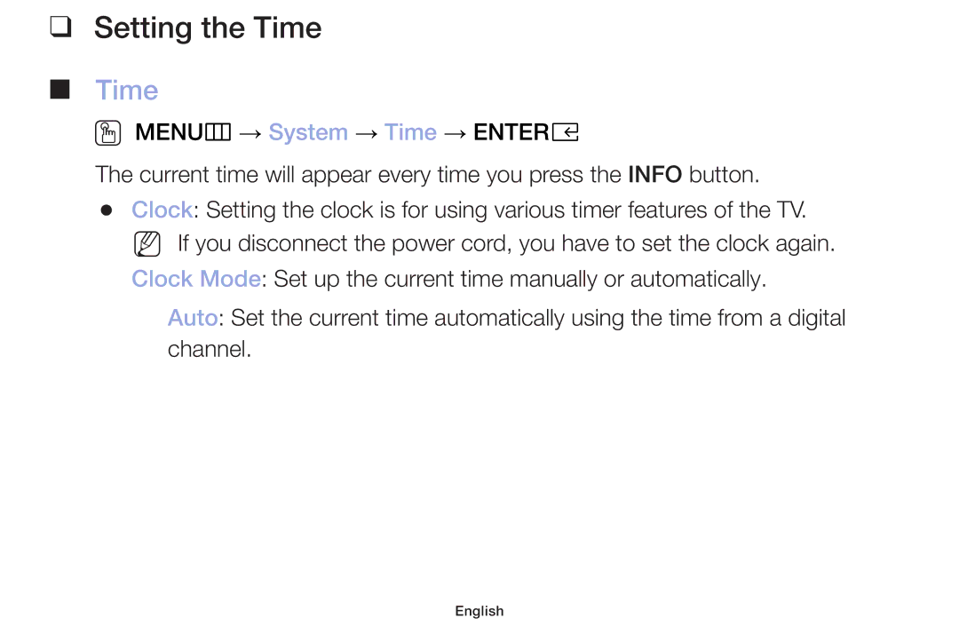 Samsung UA32J4003DWXSQ, UE49M5000AUXSQ, UE40M5000AUXSQ manual Setting the Time 