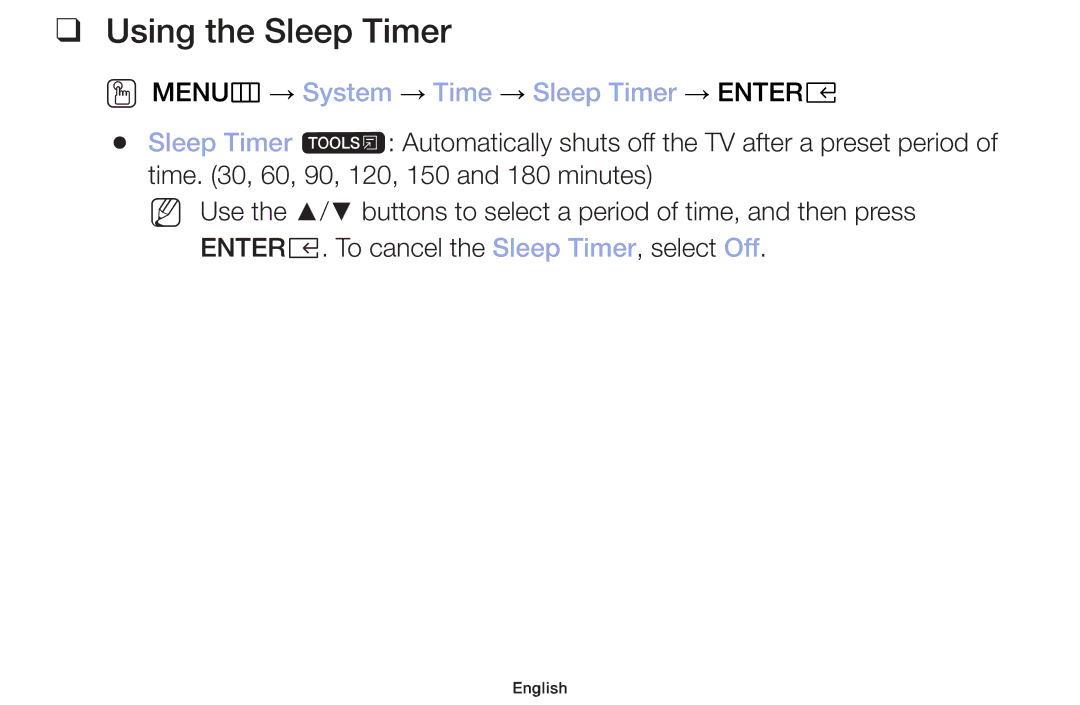 Samsung UA32J4003DWXSQ, UE49M5000AUXSQ manual Using the Sleep Timer, OO MENUm → System → Time → Sleep Timer → Entere 