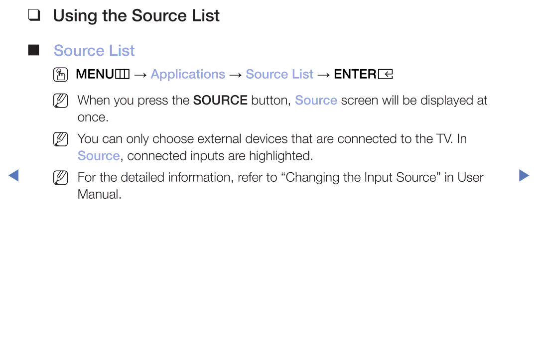 Samsung UE40M5000AUXSQ, UE49M5000AUXSQ manual Using the Source List, OO MENUm → Applications → Source List → Entere 