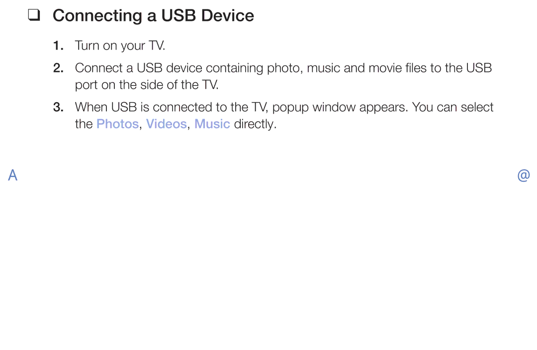 Samsung UA32J4003DWXSQ, UE49M5000AUXSQ, UE40M5000AUXSQ manual Connecting a USB Device 