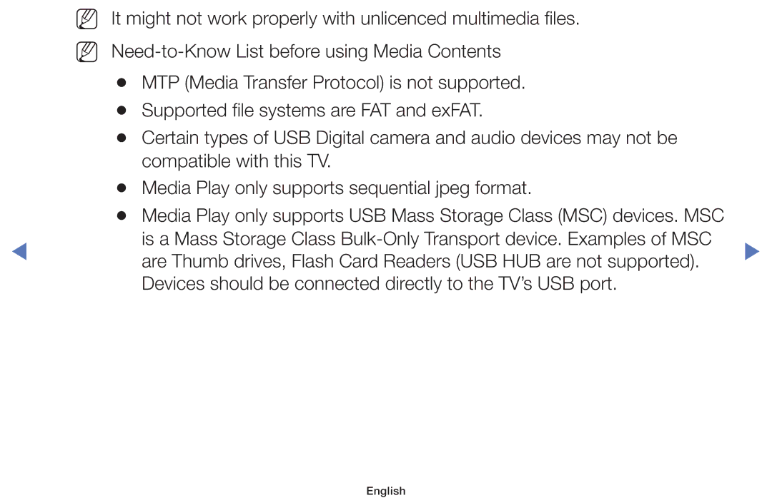 Samsung UE49M5000AUXSQ, UE40M5000AUXSQ, UA32J4003DWXSQ manual Devices should be connected directly to the TV’s USB port 