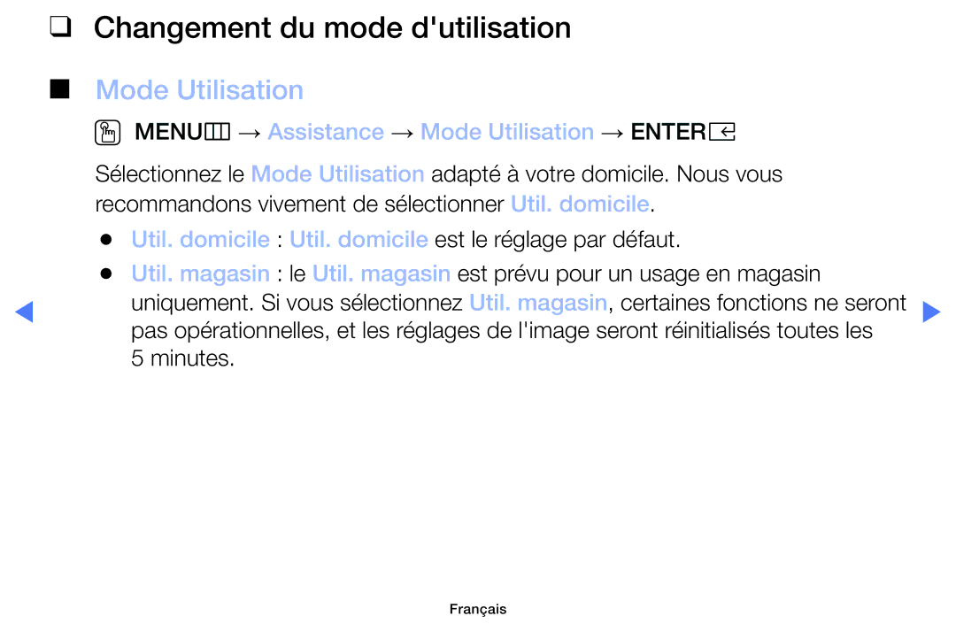 Samsung UE32M4005AWXXC, UE49M5005AWXXC, UE40M5005AWXXC manual Util. domicile Util. domicile est le réglage par défaut 