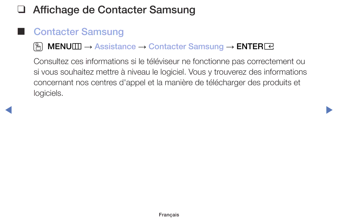 Samsung UE40M5005AWXXC, UE49M5005AWXXC Affichage de Contacter Samsung, OO MENUm → Assistance → Contacter Samsung → Entere 