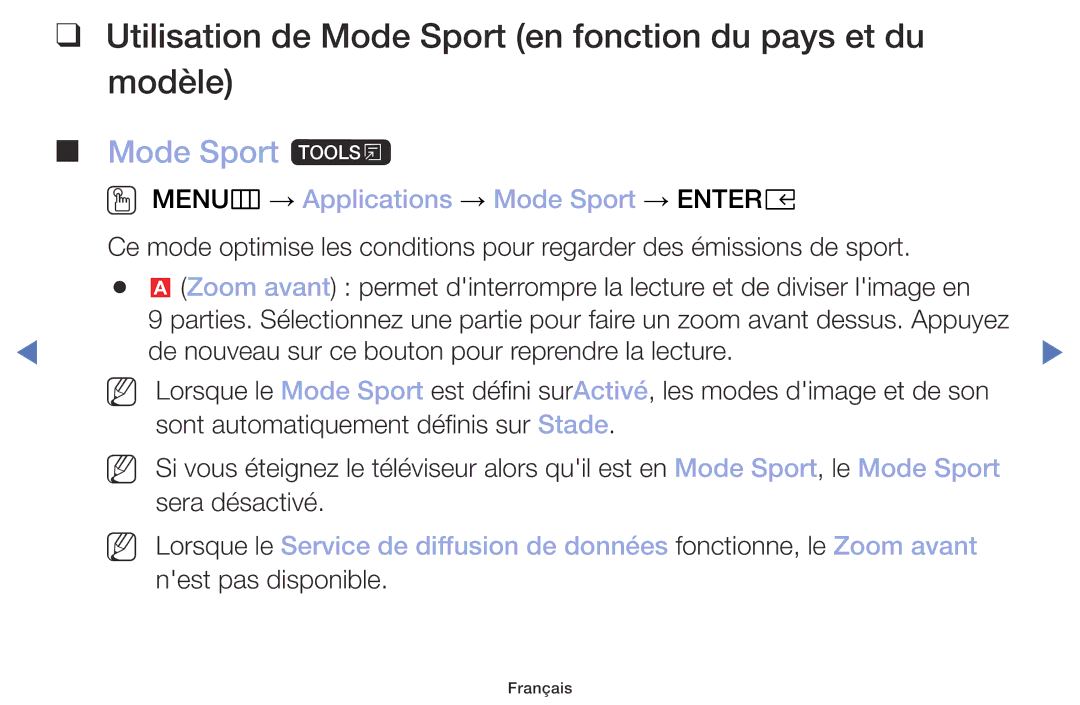 Samsung UE32M5005AWXXC, UE49M5005AWXXC manual Utilisation de Mode Sport en fonction du pays et du modèle, Mode Sport t 