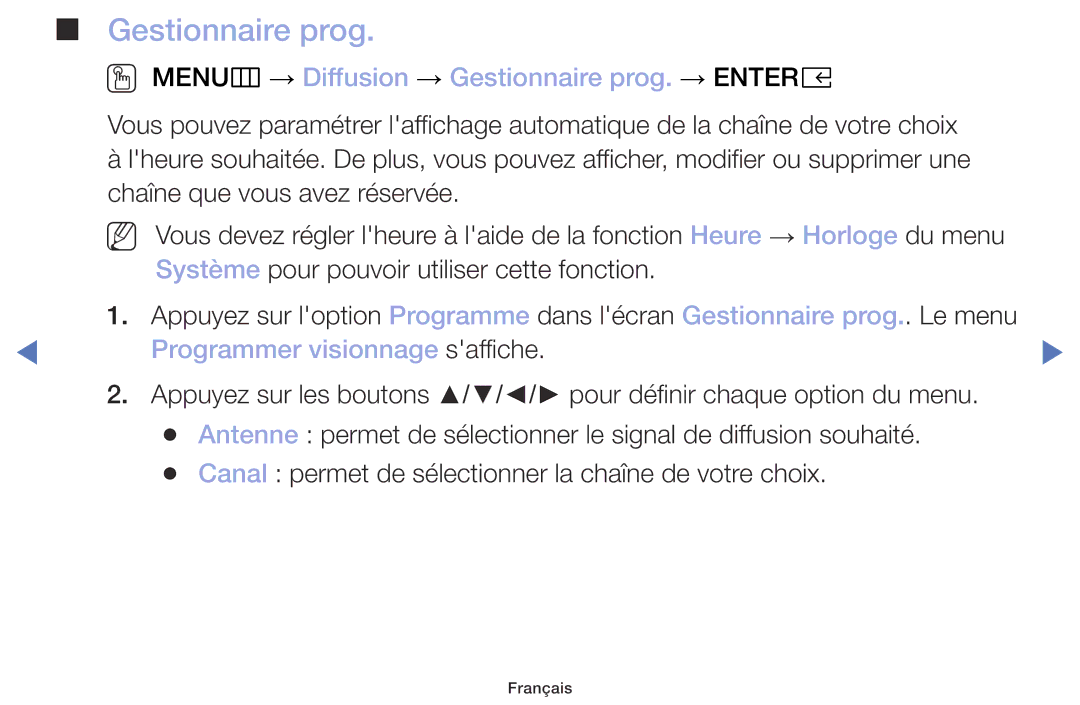 Samsung UE49M5005AWXXC manual OO MENUm → Diffusion → Gestionnaire prog. → Entere, Programmer visionnage saffiche 