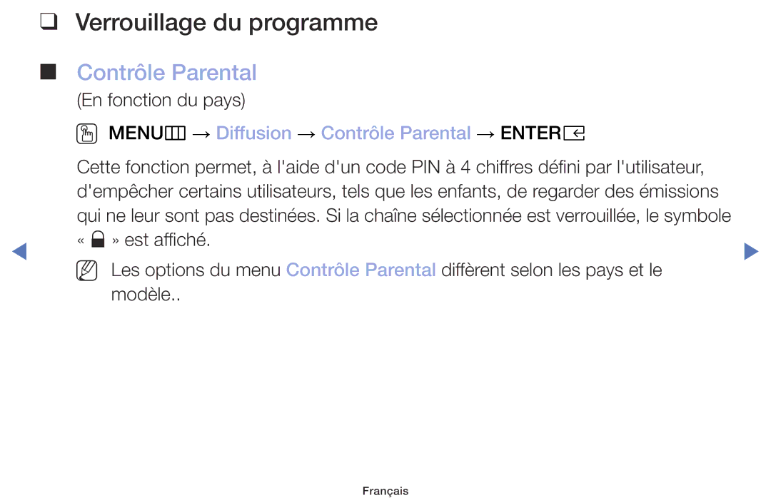 Samsung UE40M5005AWXXC, UE49M5005AWXXC Verrouillage du programme, OO MENUm → Diffusion → Contrôle Parental → Entere 