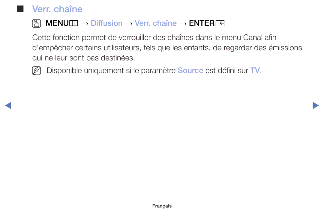 Samsung UE32M5005AWXXC, UE49M5005AWXXC, UE32M4005AWXXC, UE40M5005AWXXC manual OO MENUm → Diffusion → Verr. chaîne → Entere 