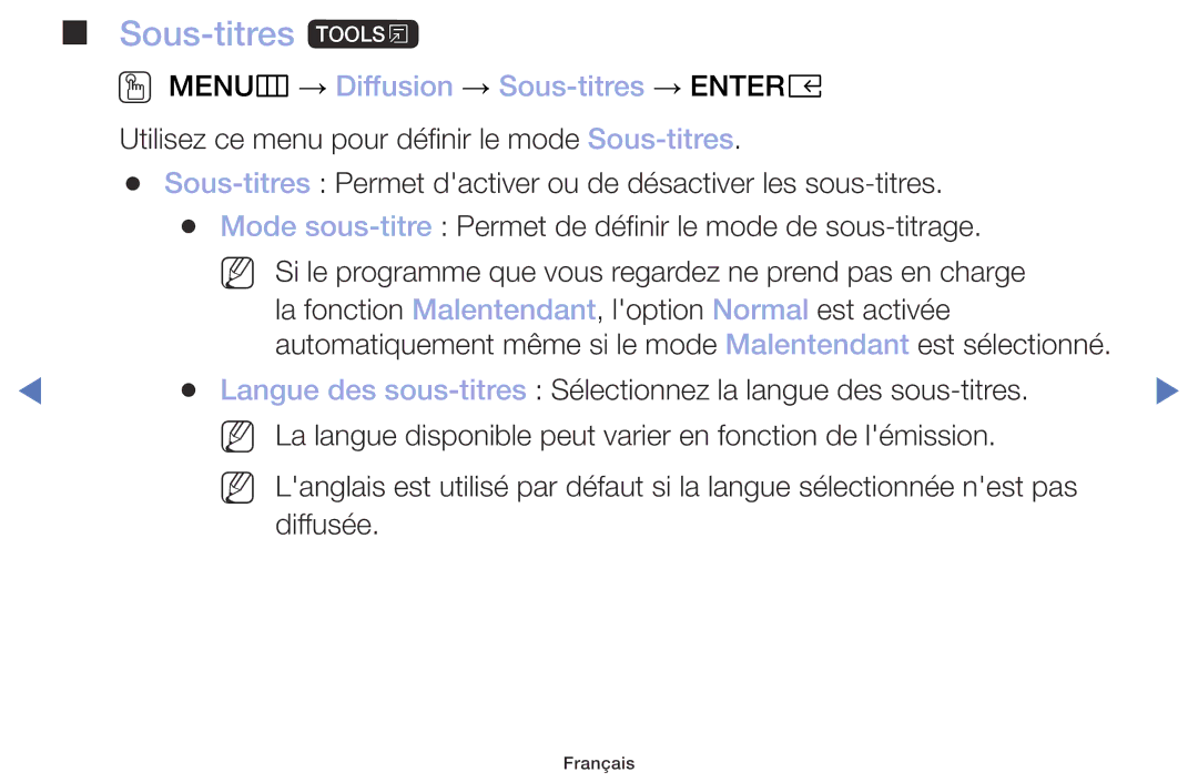 Samsung UE32M4005AWXXC, UE49M5005AWXXC, UE40M5005AWXXC manual Sous-titres t, OO MENUm → Diffusion → Sous-titres → Entere 